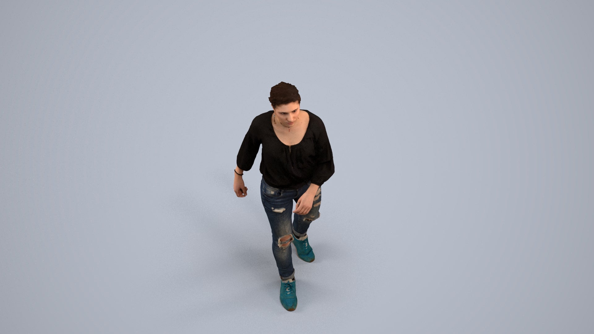 realistic 3D human woman casual walking, archviz people FBX OBJ for Blender, back view render