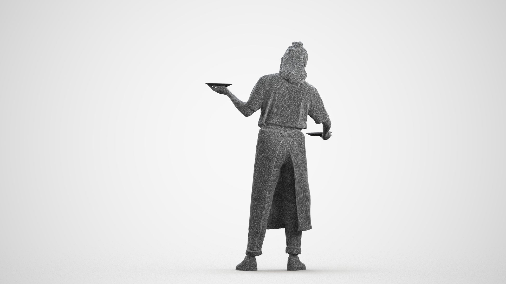 3D scanned woman hospitality, photorealistic archviz people for Enscape and SketchUp, wireframe front view