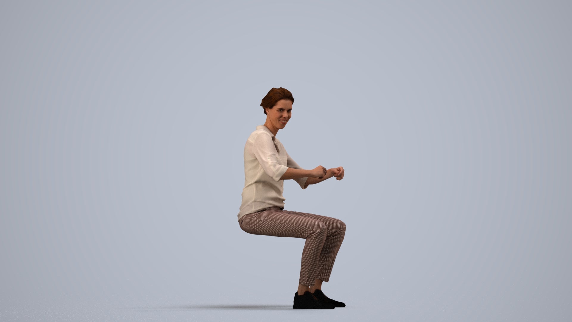 realistic 3D human woman casual sitting, archviz people FBX OBJ for Blender, side view render