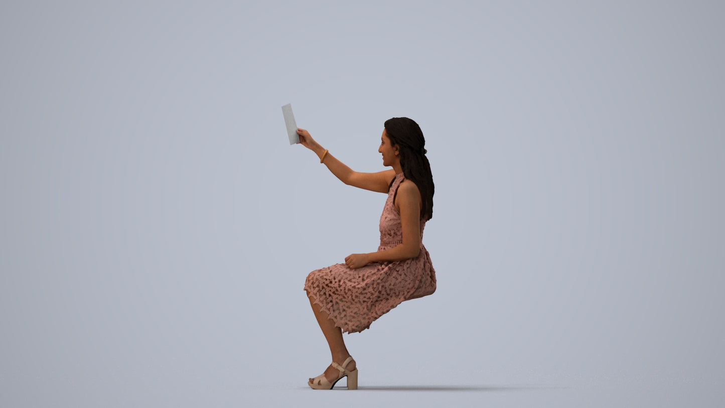 realistic 3D people woman formal sitting, render-ready for V-Ray and Corona, FBX OBJ, three-quarter view render