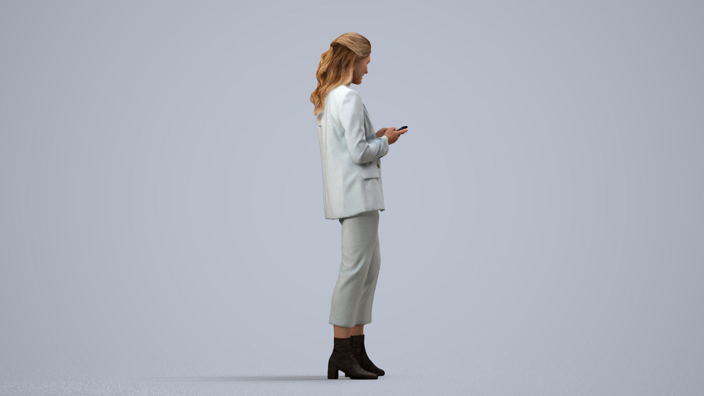 3D human model woman business, photogrammetry scanned person for archviz, side view render