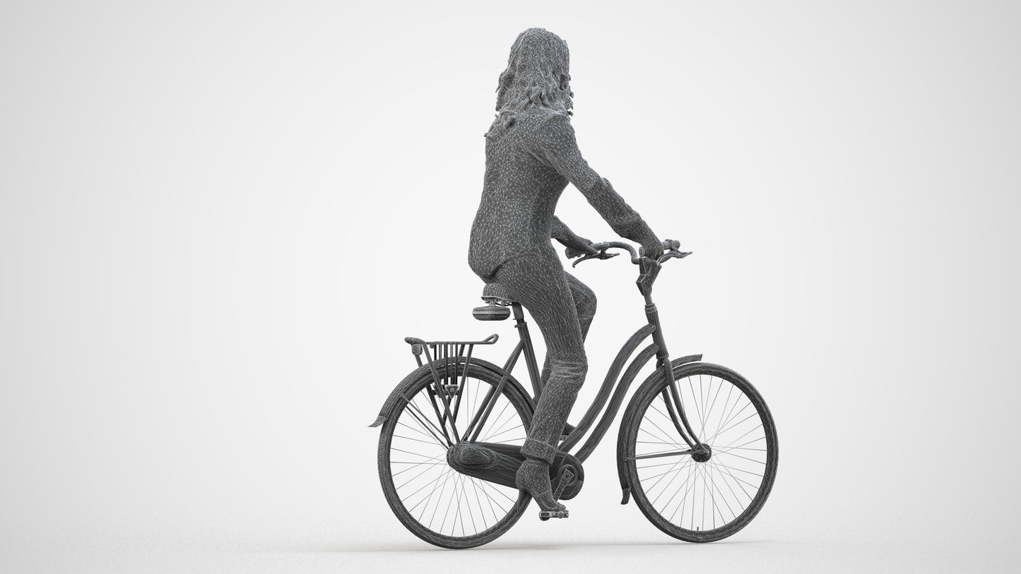 3D scanned woman cycling casual, photorealistic archviz people for Enscape and SketchUp, wireframe side view