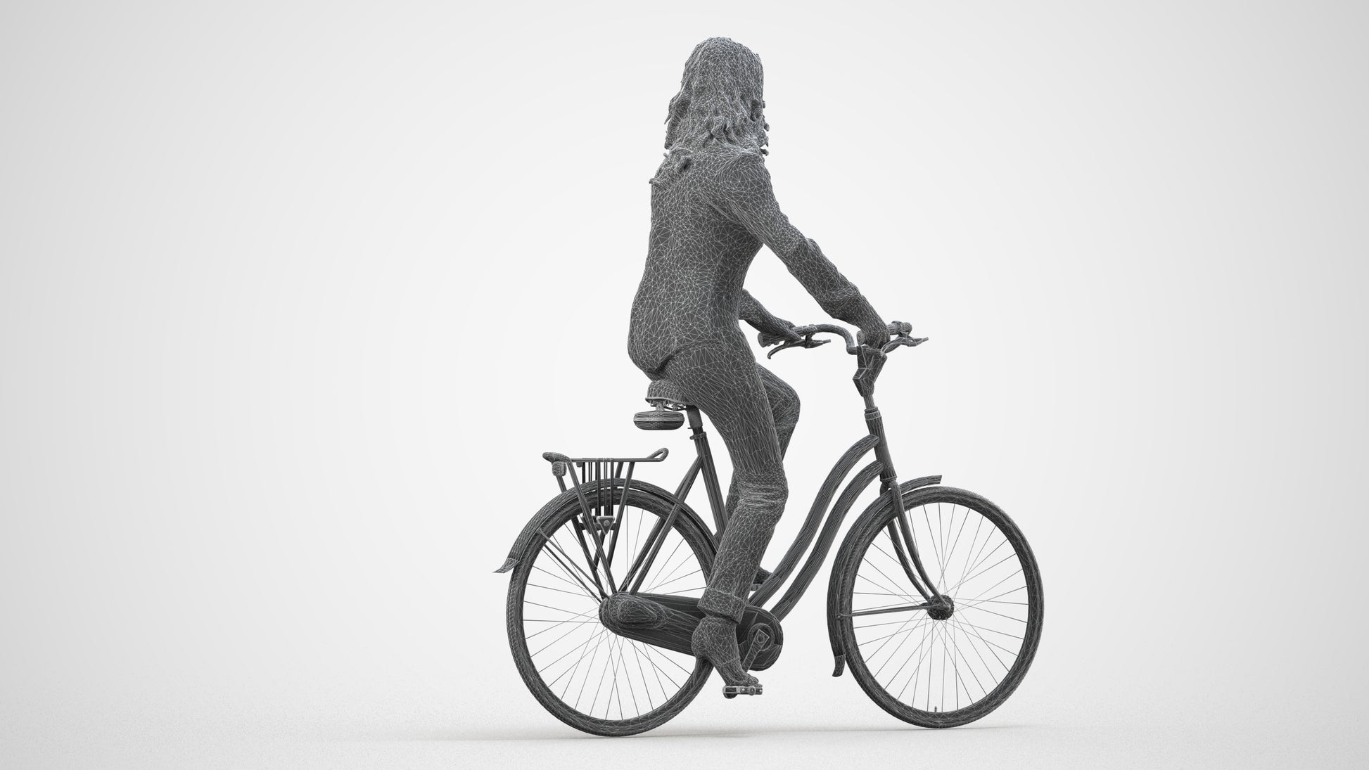 3D scanned woman cycling casual, photorealistic archviz people for Enscape and SketchUp, wireframe side view