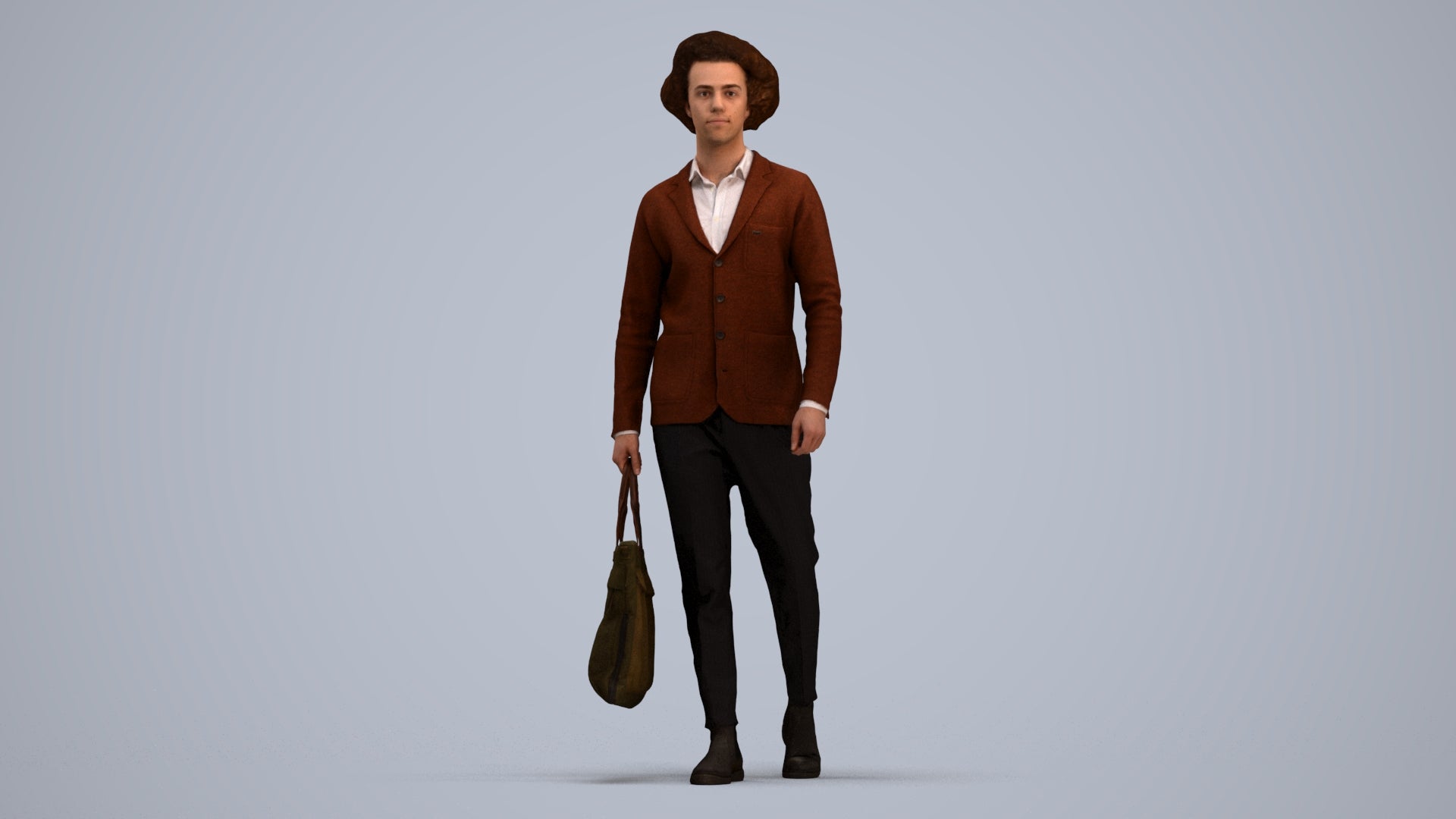 3D human model man business walking, photogrammetry scanned person for archviz, standing pose render