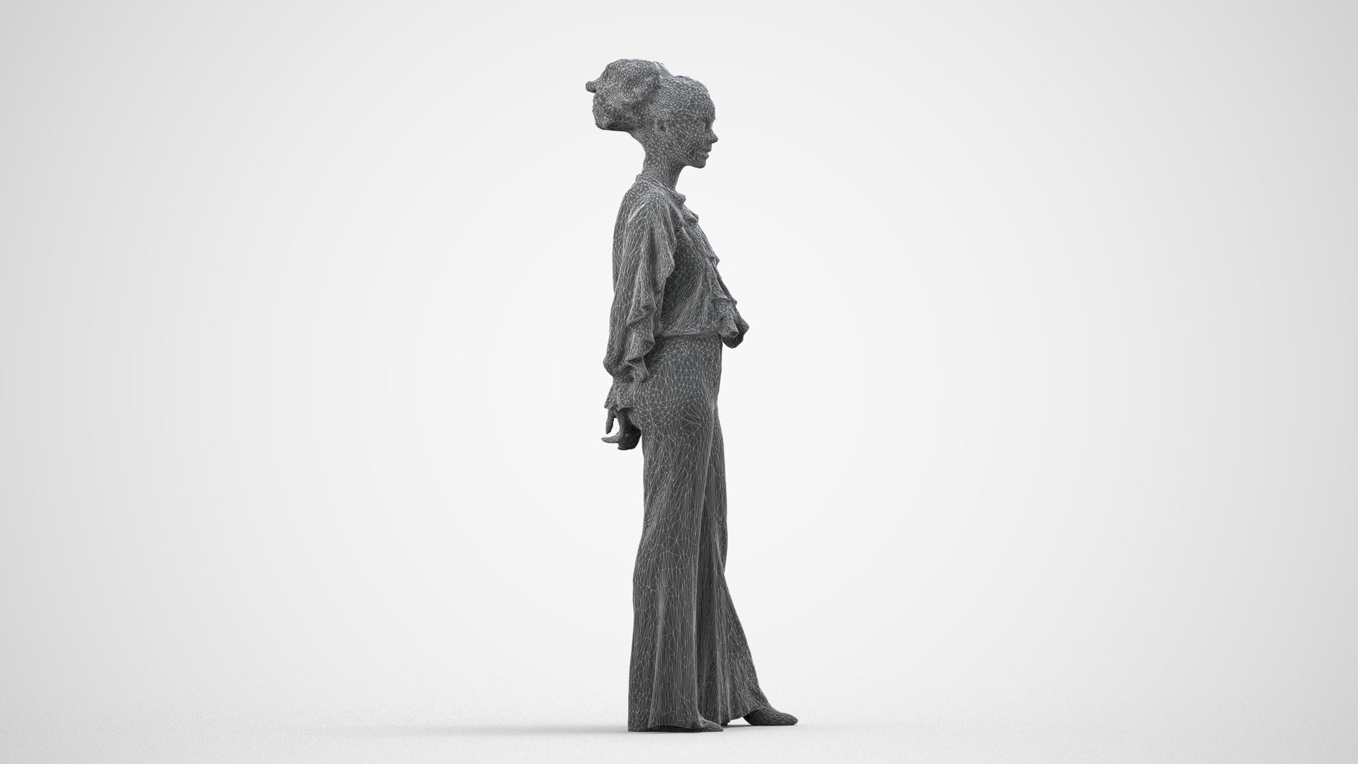 3D scanned woman standing casual, photorealistic archviz people for Enscape and SketchUp, wireframe side view