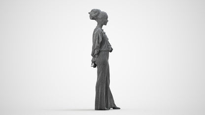 3D scanned woman standing casual, photorealistic archviz people for Enscape and SketchUp, wireframe side view