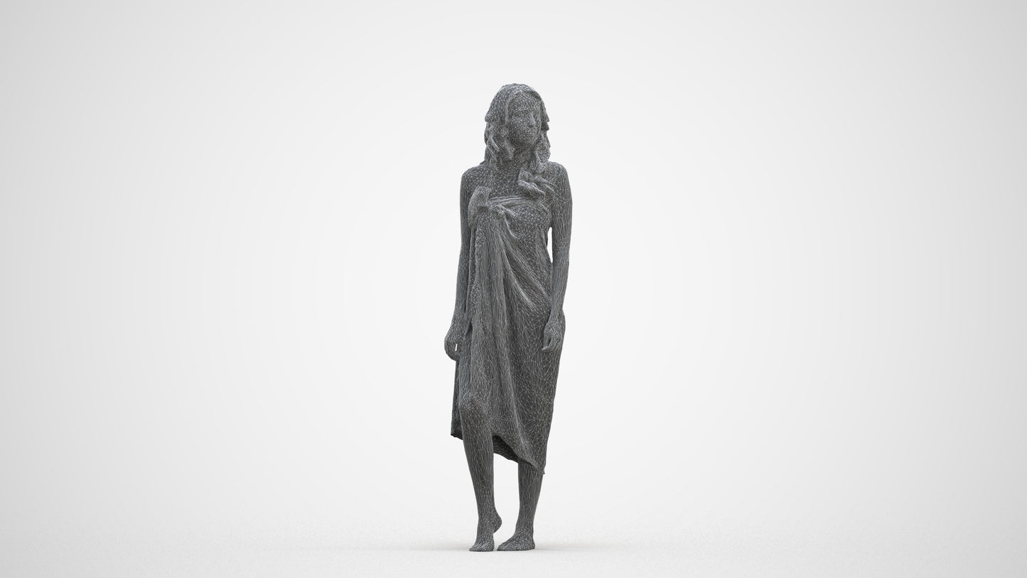 3D human model woman pool, photogrammetry scanned person for archviz, three-quarter front view render