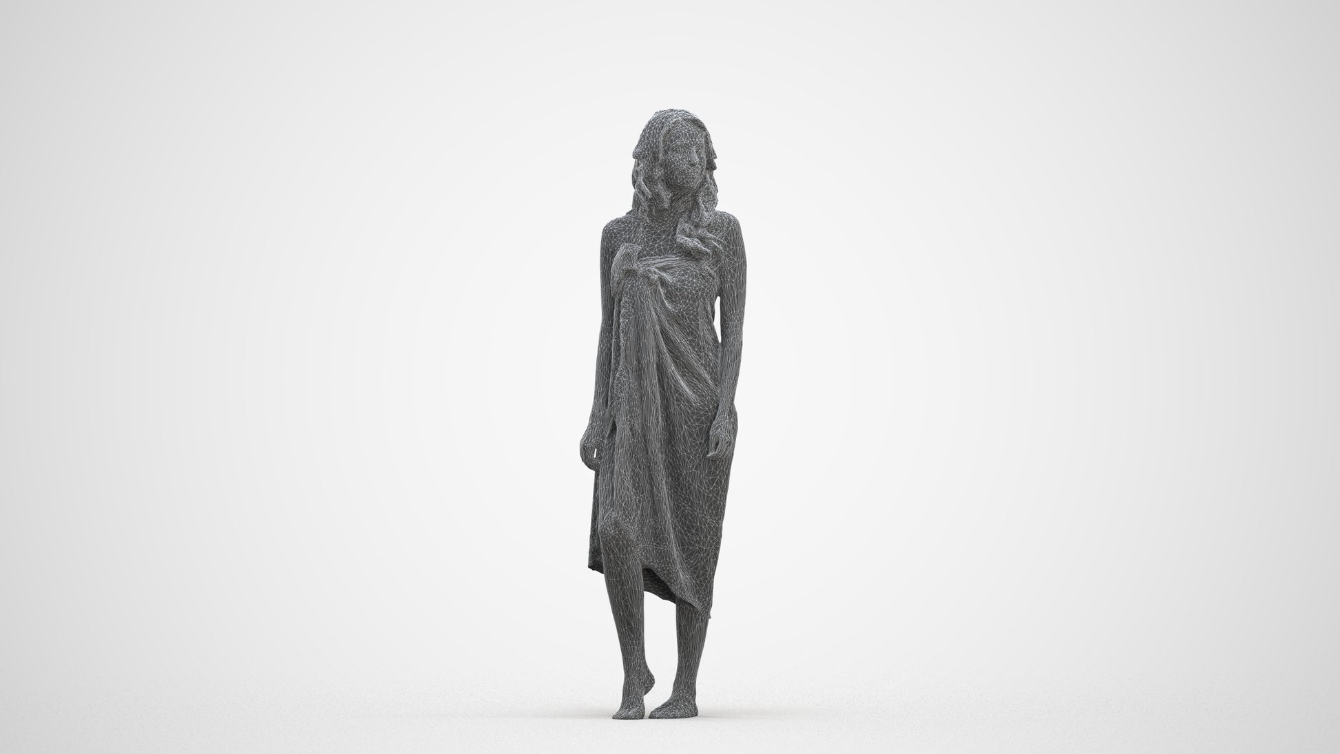 3D human model woman pool, photogrammetry scanned person for archviz, three-quarter front view render
