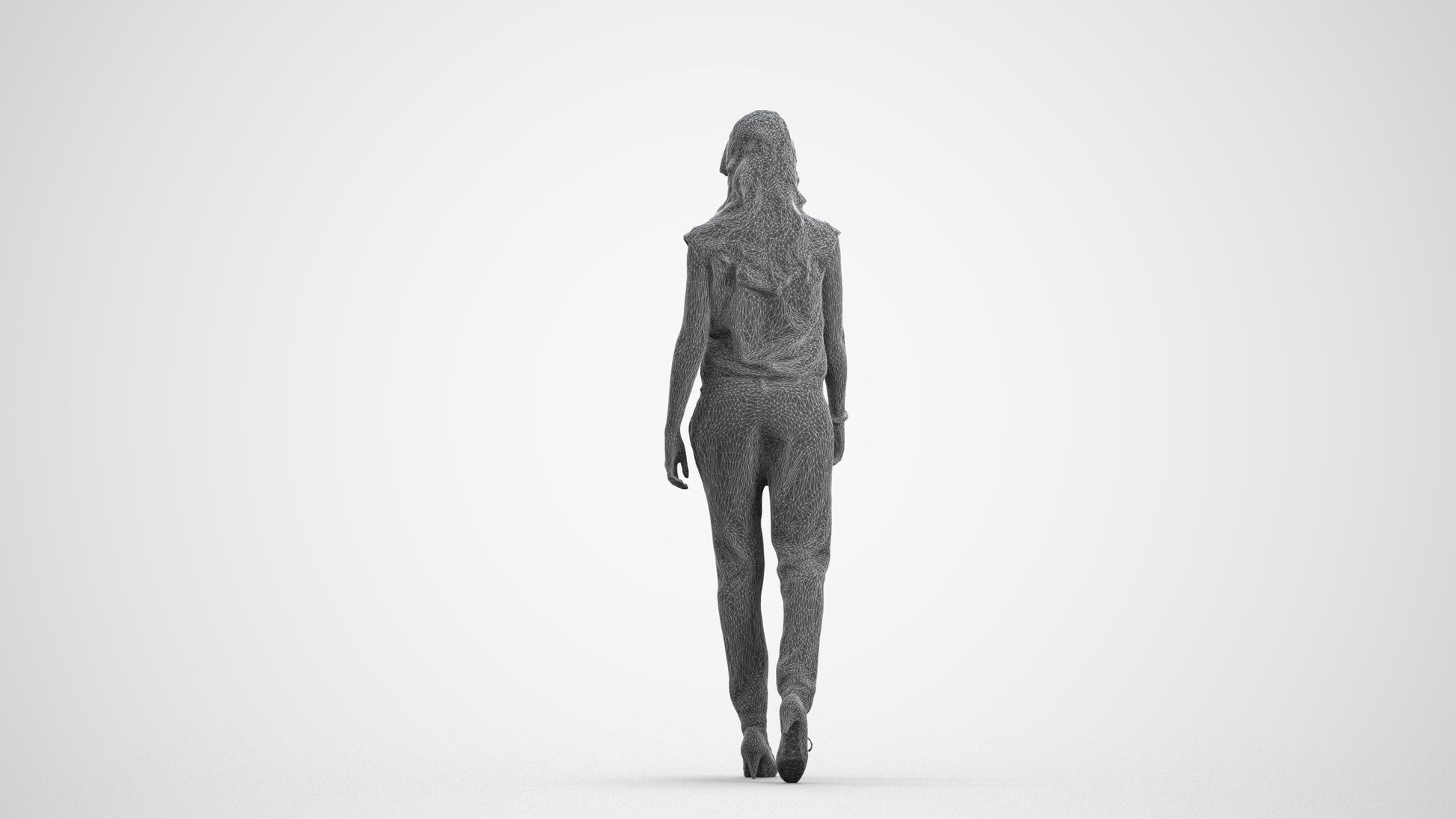 3D scanned woman walking casual, photorealistic archviz people for Enscape and SketchUp, wireframe front view