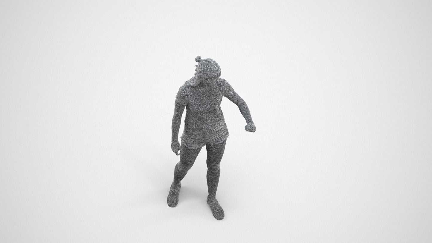 photogrammetry 3D girl casual door, realistic human model archviz FBX, wireframe three-quarter view