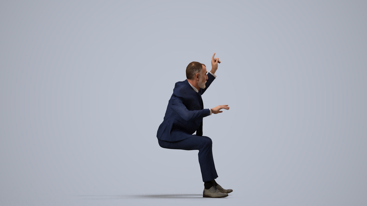 3D human model senior man business, photogrammetry scanned person for archviz, side view render