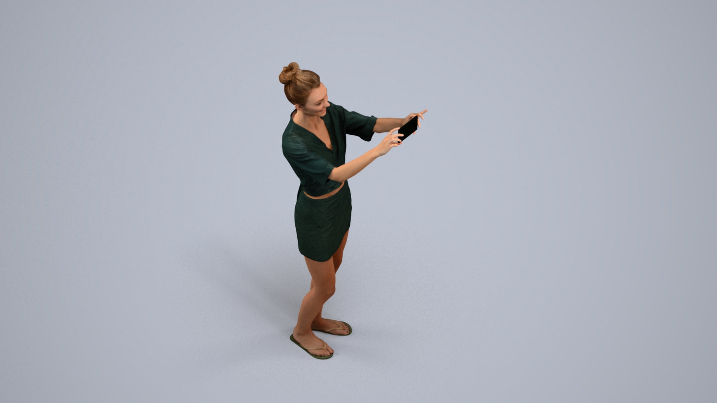 3D human model woman casual standing, photogrammetry scanned person for archviz, back view render