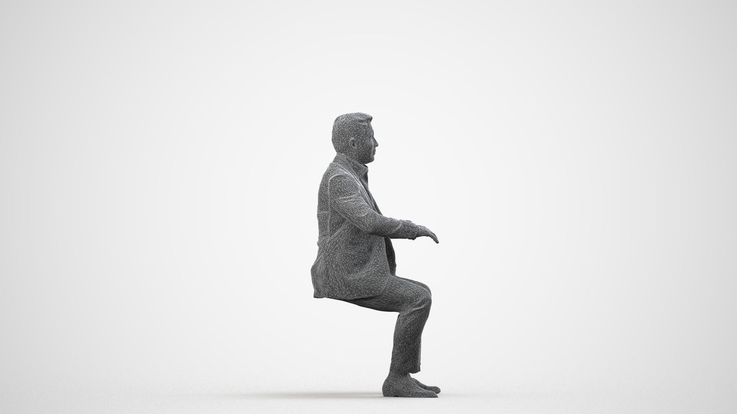 3D human model man business, photogrammetry scanned person for archviz, wireframe side view