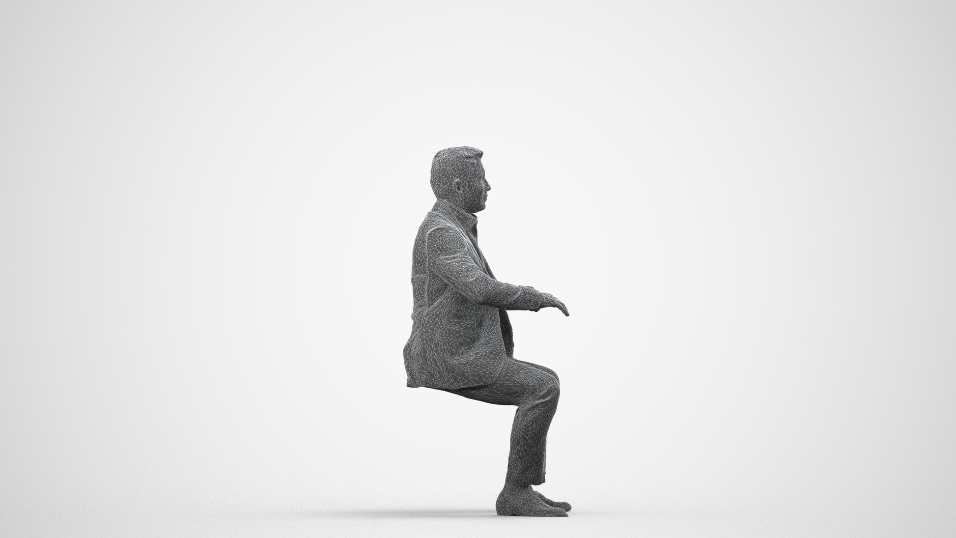 3D human model man business, photogrammetry scanned person for archviz, wireframe side view