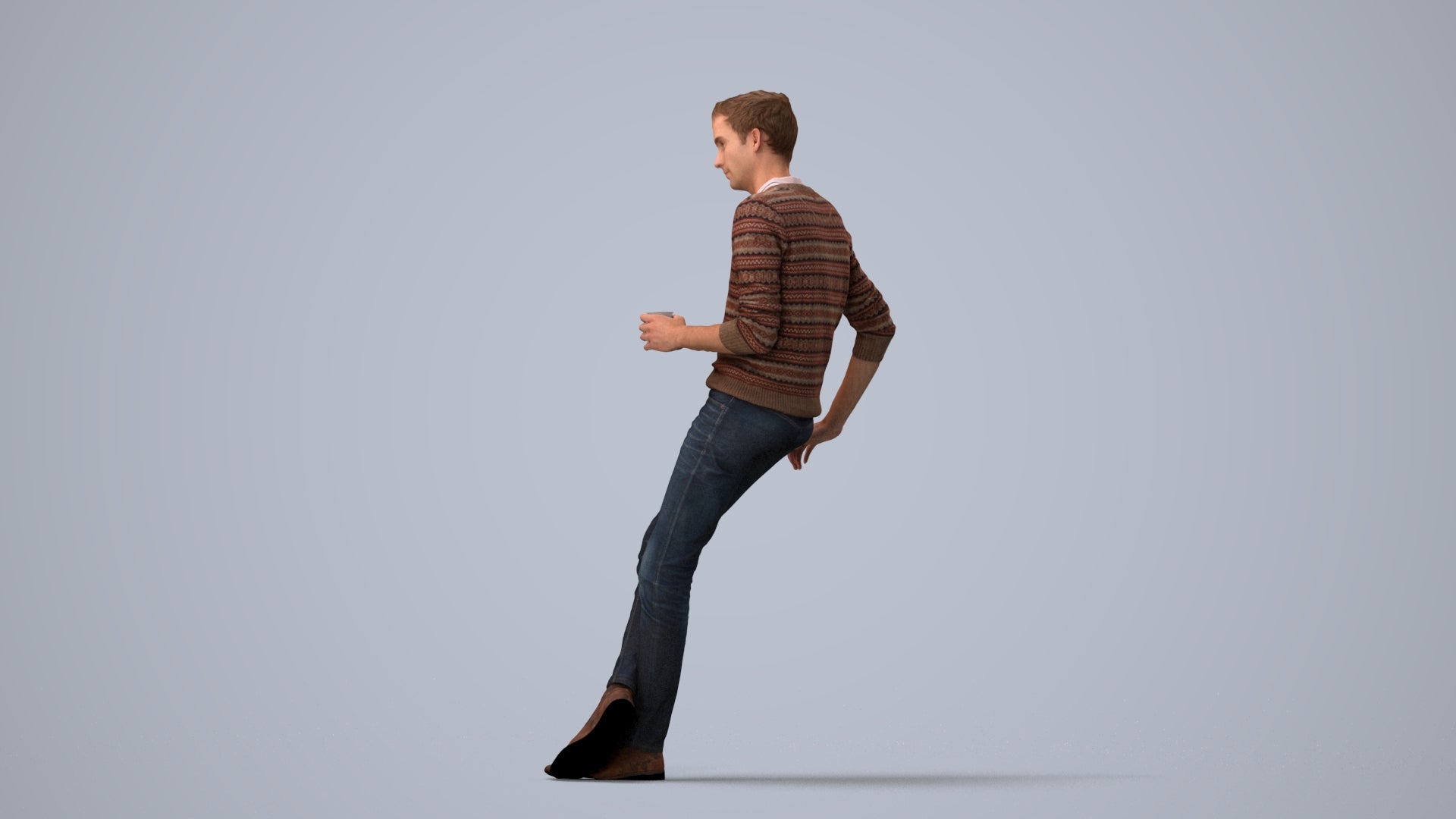 realistic 3D human man casual sitting, archviz people FBX OBJ for Blender, three-quarter view render