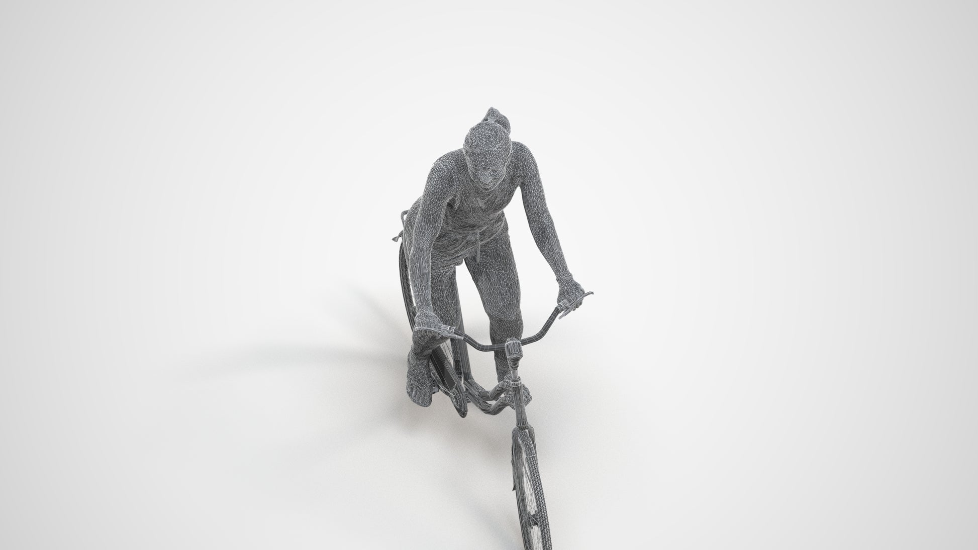 realistic 3D human woman casual cycling, archviz people FBX OBJ for Blender, wireframe three-quarter view