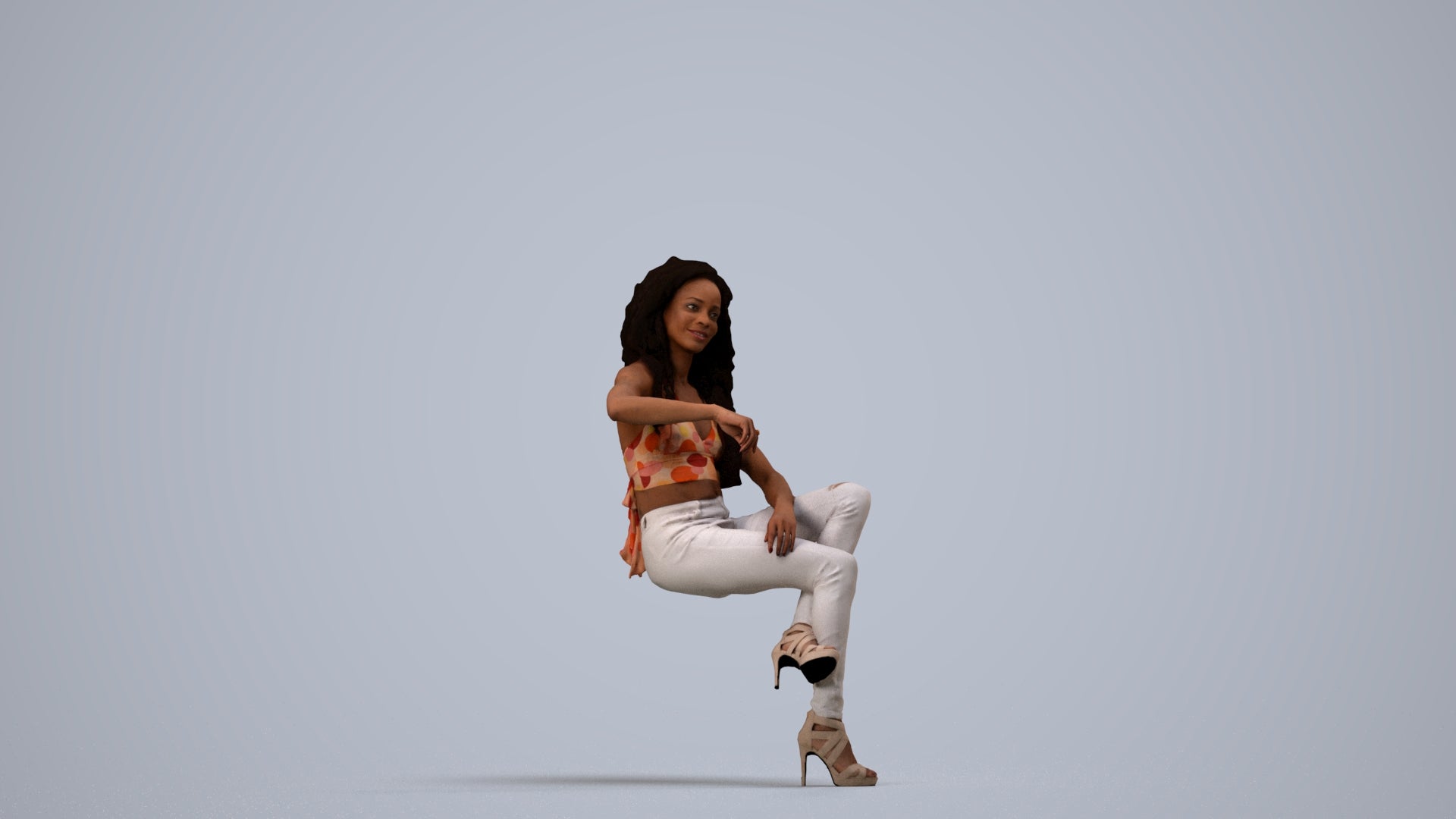 3D people model woman casual sitting, scanned human for 3ds Max rendering, side view render