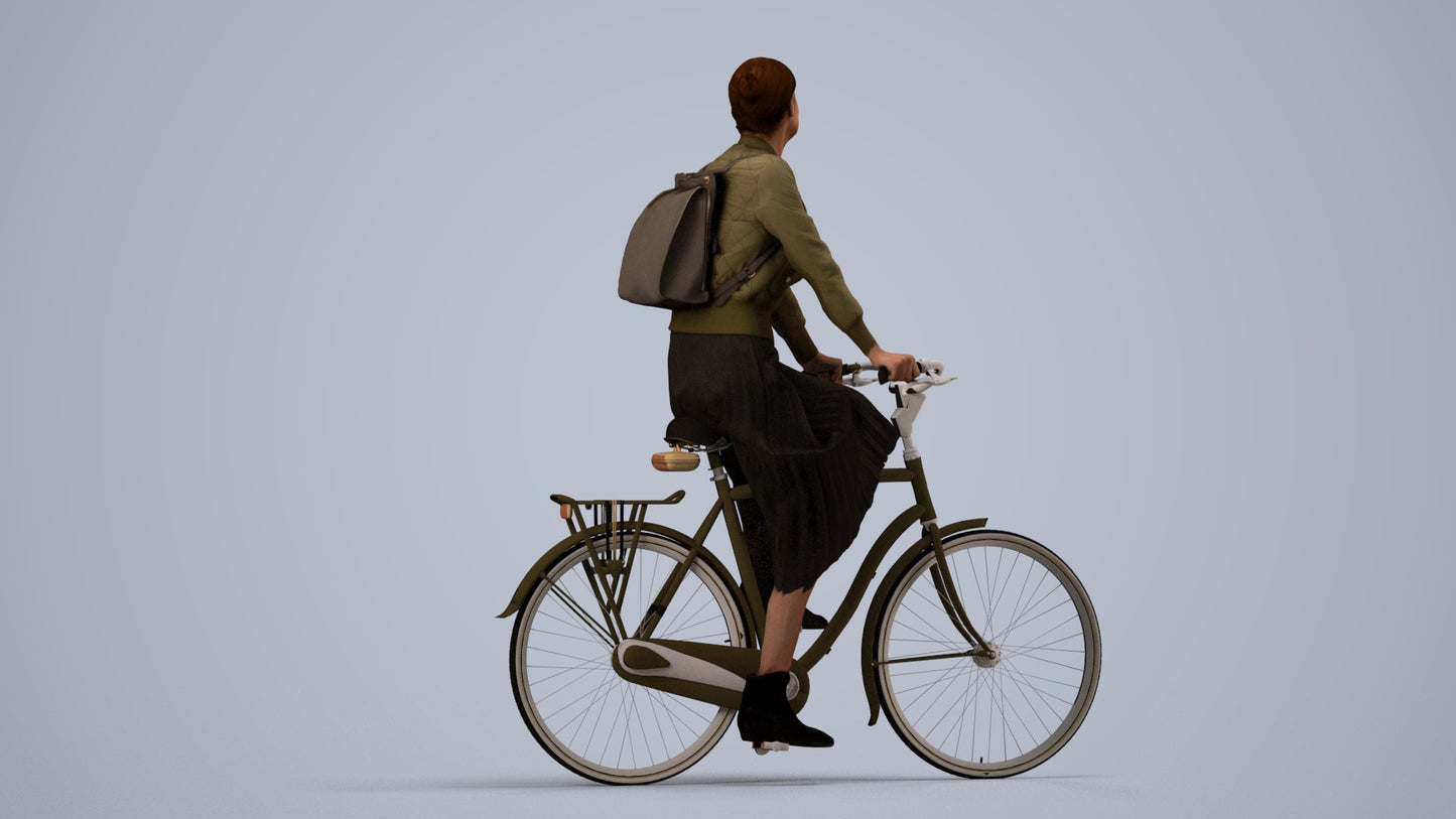 realistic 3D human woman casual cycling, archviz people FBX OBJ for Blender, side view render