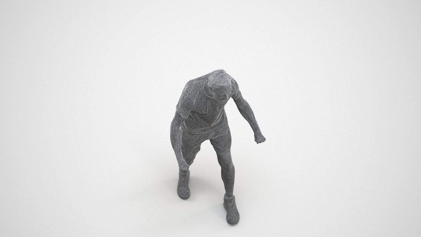 3D human model man sport, photogrammetry scanned person for archviz, wireframe three-quarter view