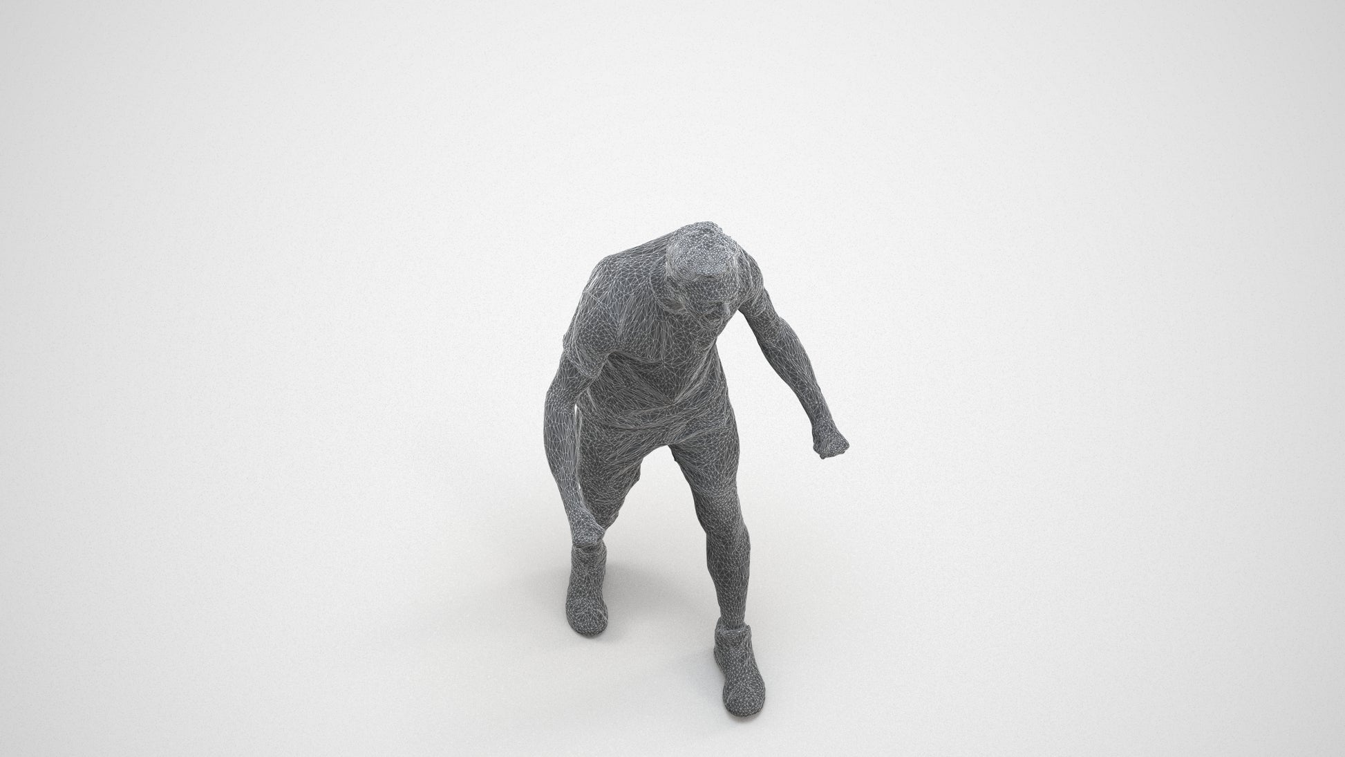 3D human model man sport, photogrammetry scanned person for archviz, wireframe three-quarter view