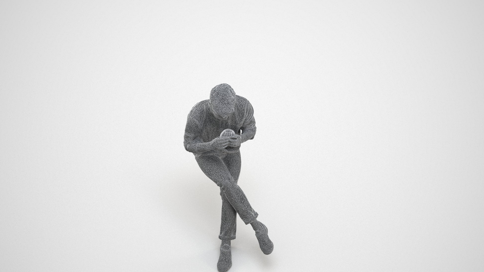 realistic 3D human man casual sitting, archviz people FBX OBJ for Blender, wireframe three-quarter view