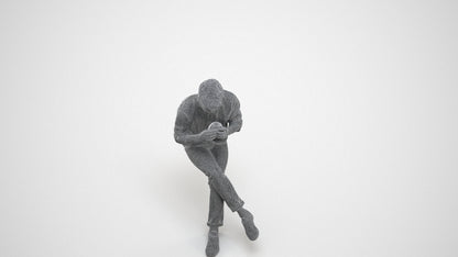 realistic 3D human man casual sitting, archviz people FBX OBJ for Blender, wireframe three-quarter view