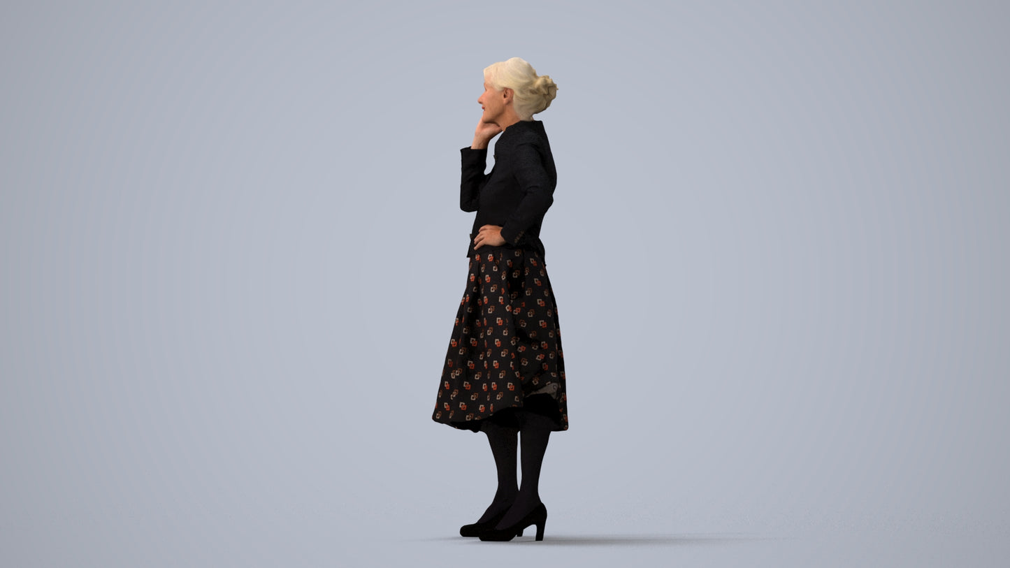3D human model senior woman business standing, photogrammetry scanned person for archviz, three-quarter view render