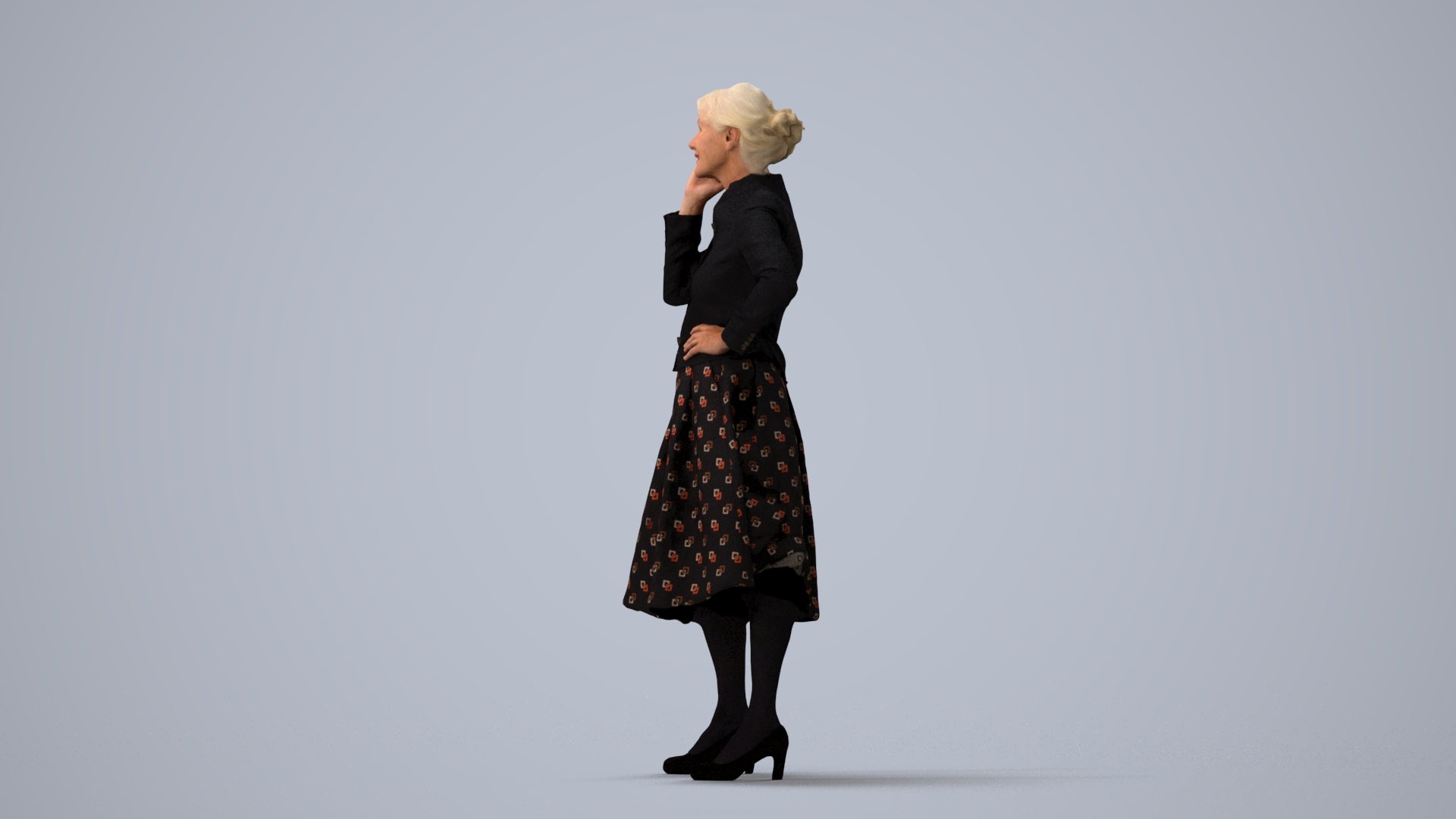3D human model senior woman business standing, photogrammetry scanned person for archviz, three-quarter view render