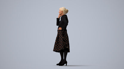 3D human model senior woman business standing, photogrammetry scanned person for archviz, three-quarter view render