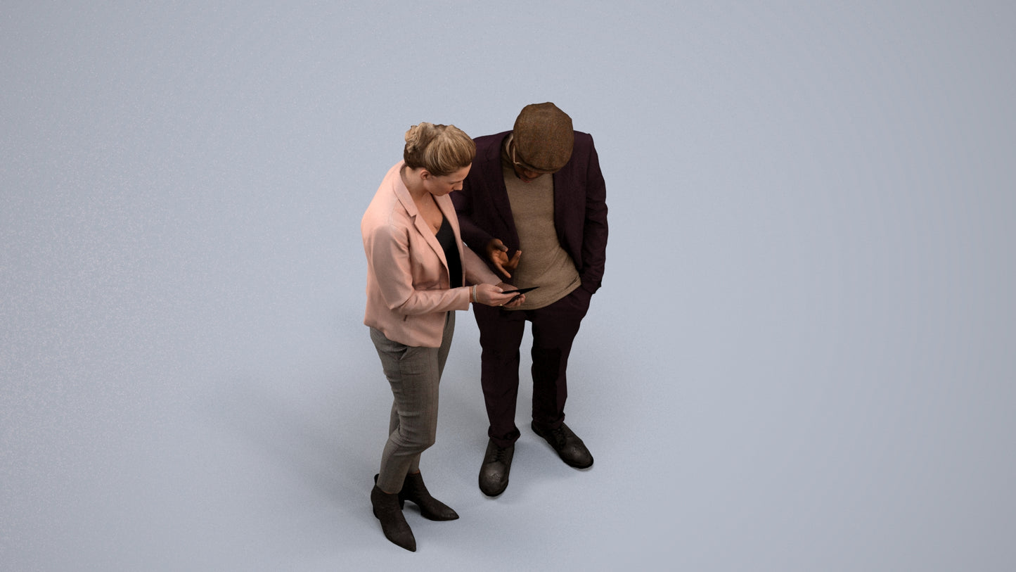 realistic 3D human woman business couple, archviz people FBX OBJ for Blender, back view render