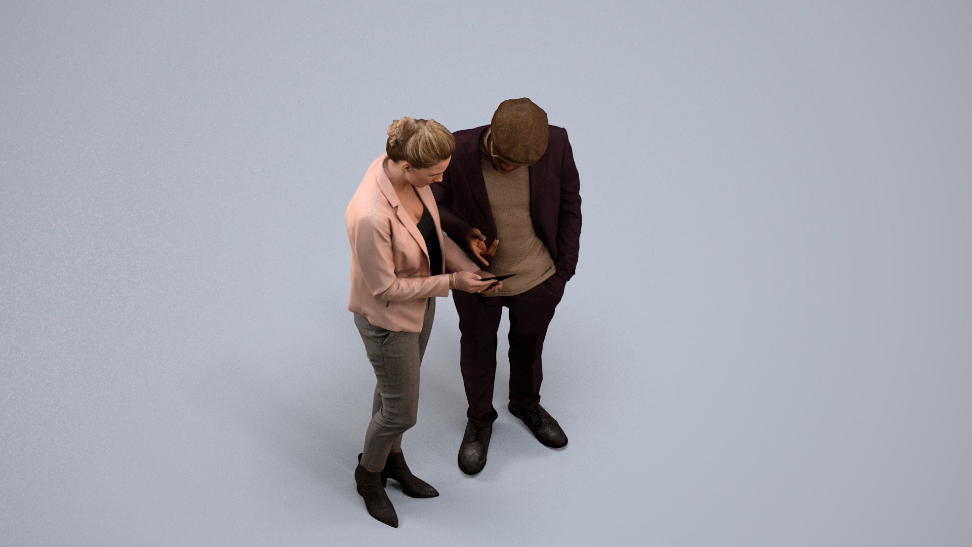 realistic 3D human woman business couple, archviz people FBX OBJ for Blender, back view render