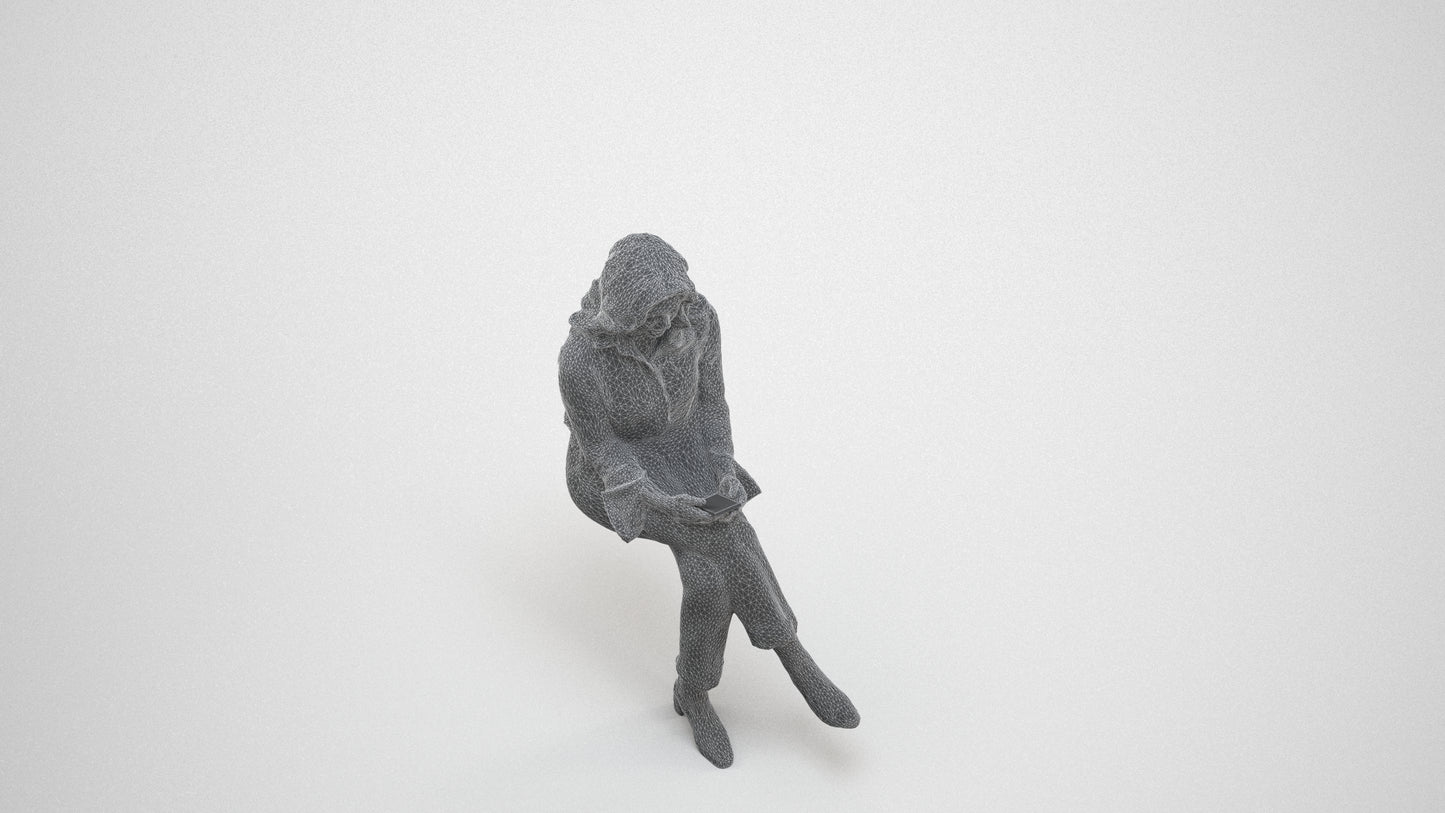 3D human model woman business sitting, photogrammetry scanned person for archviz, wireframe three-quarter view