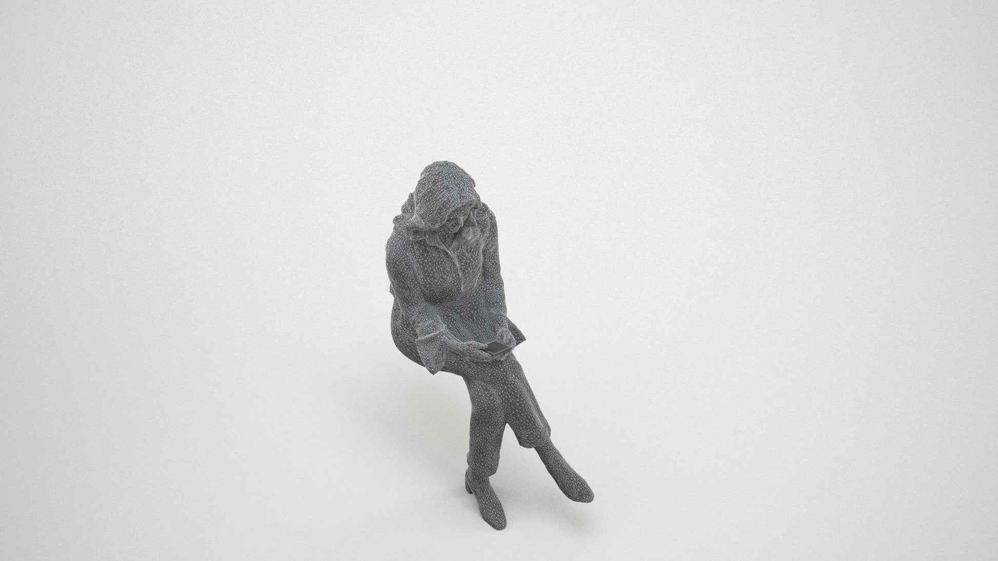 3D human model woman business sitting, photogrammetry scanned person for archviz, wireframe three-quarter view