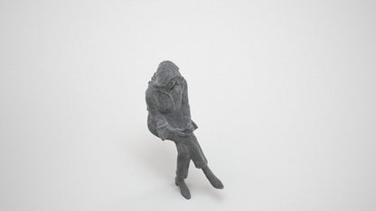 3D human model woman business sitting, photogrammetry scanned person for archviz, wireframe three-quarter view