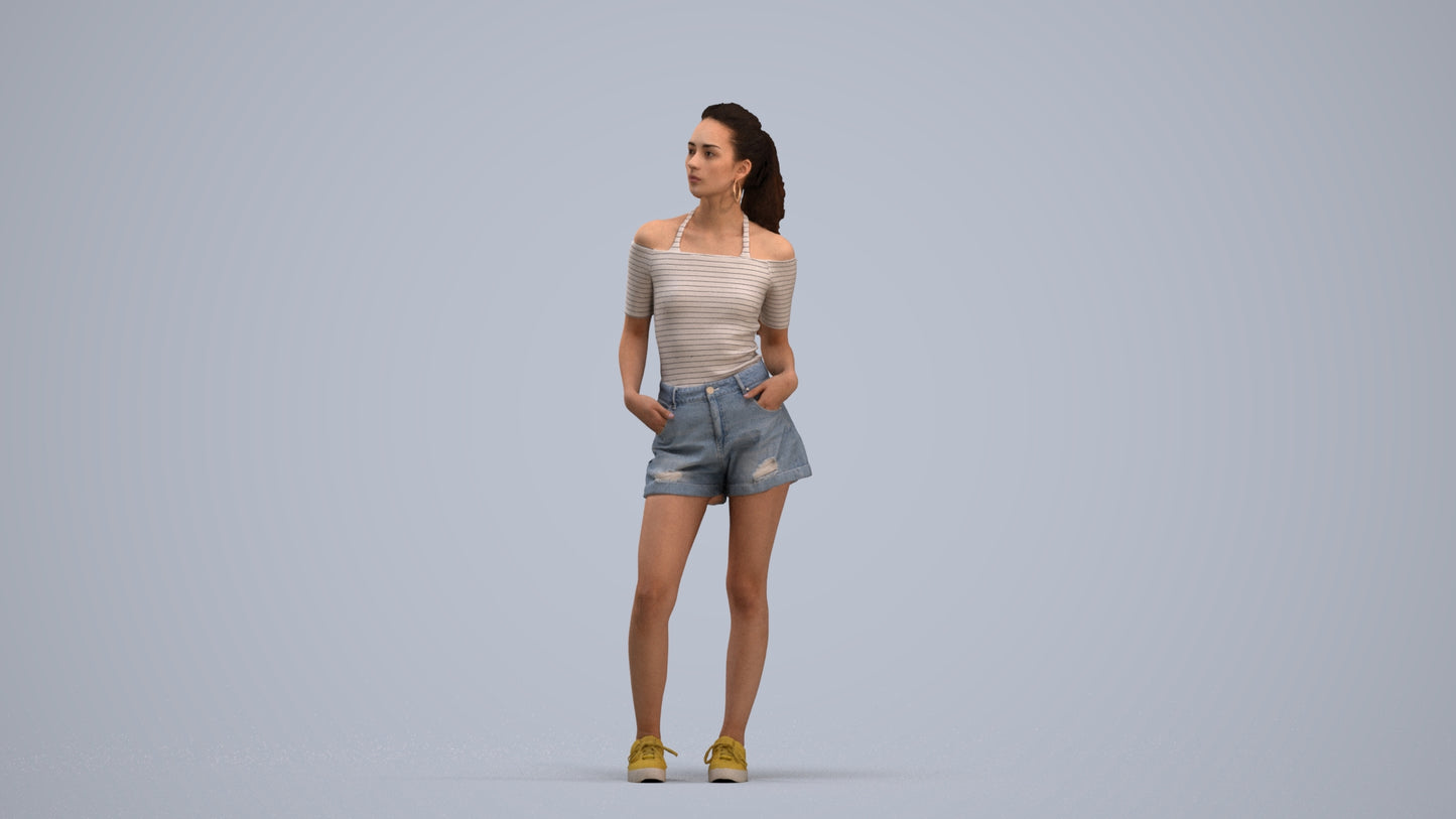 3D human model woman casual standing, photogrammetry scanned person for archviz, standing pose render