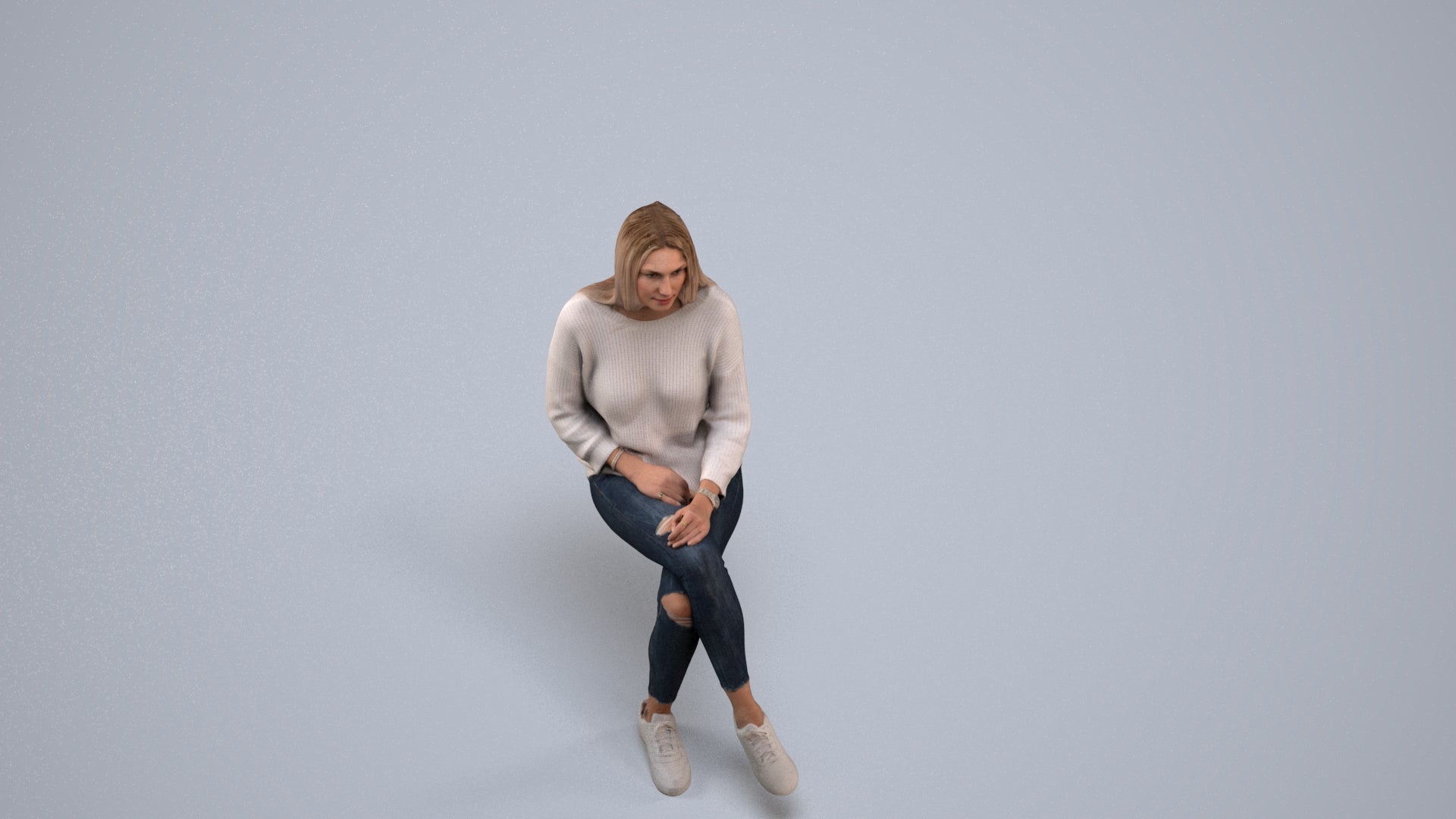 realistic 3D human woman casual sitting, archviz people FBX OBJ for Blender, back view render