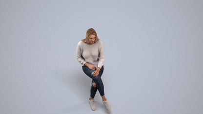 realistic 3D human woman casual sitting, archviz people FBX OBJ for Blender, back view render