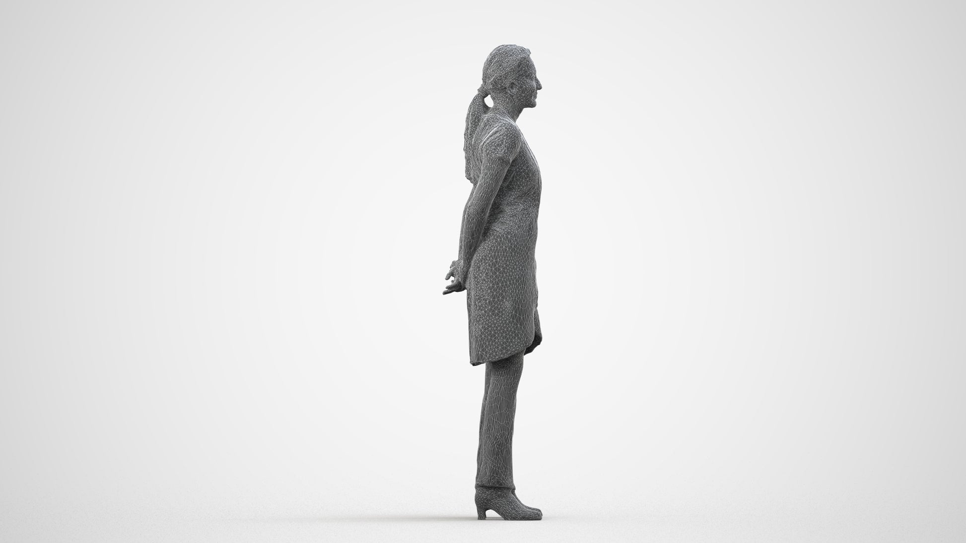 realistic 3D woman hospitality, scanned archviz people for Blender and 3ds Max, wireframe side view