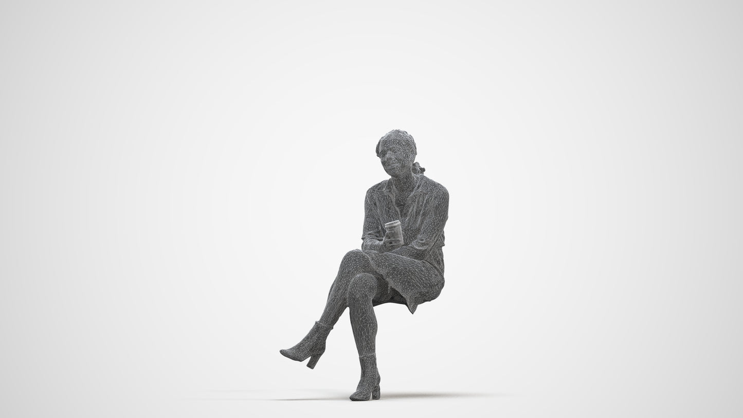 3D scanned woman sitting casual, photorealistic archviz people for Enscape and SketchUp, three-quarter front view render