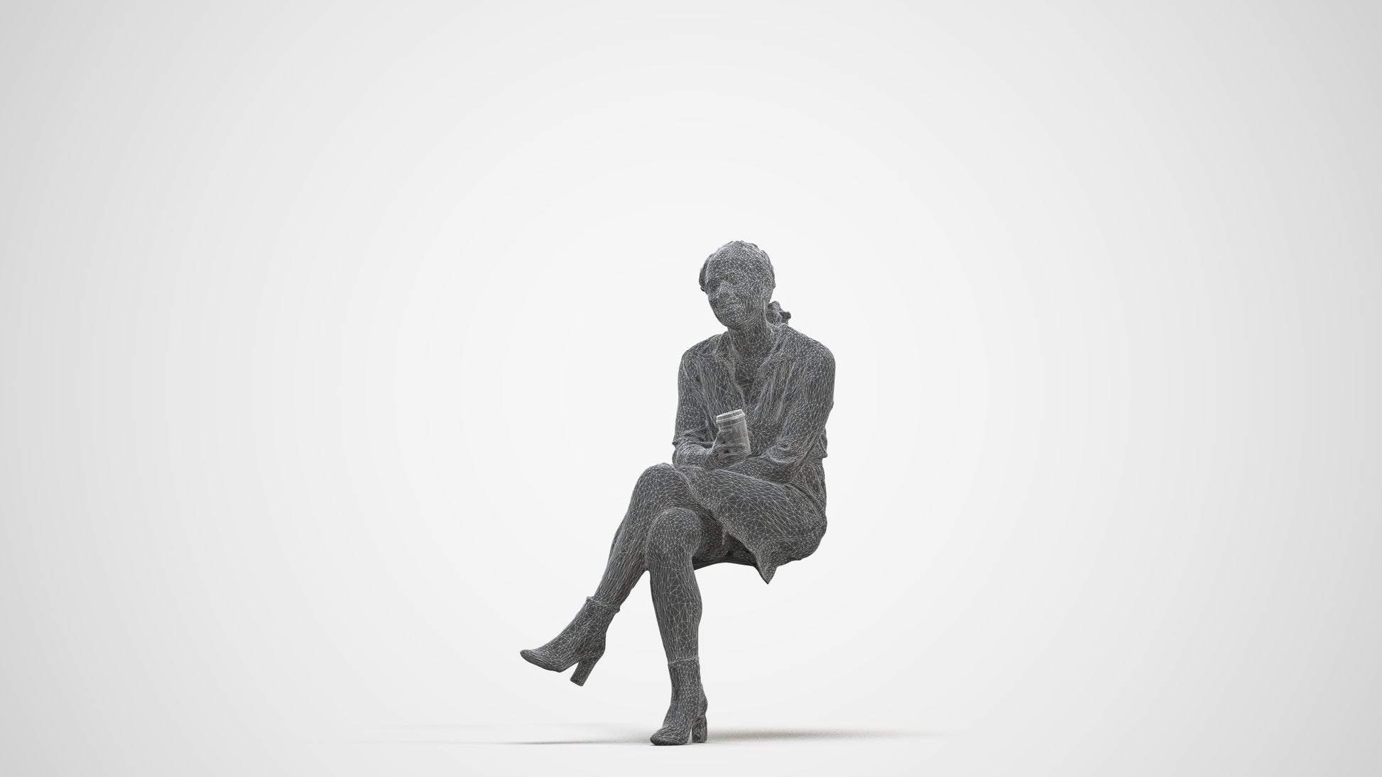 3D scanned woman sitting casual, photorealistic archviz people for Enscape and SketchUp, three-quarter front view render