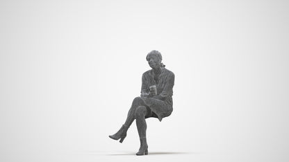 3D scanned woman sitting casual, photorealistic archviz people for Enscape and SketchUp, three-quarter front view render