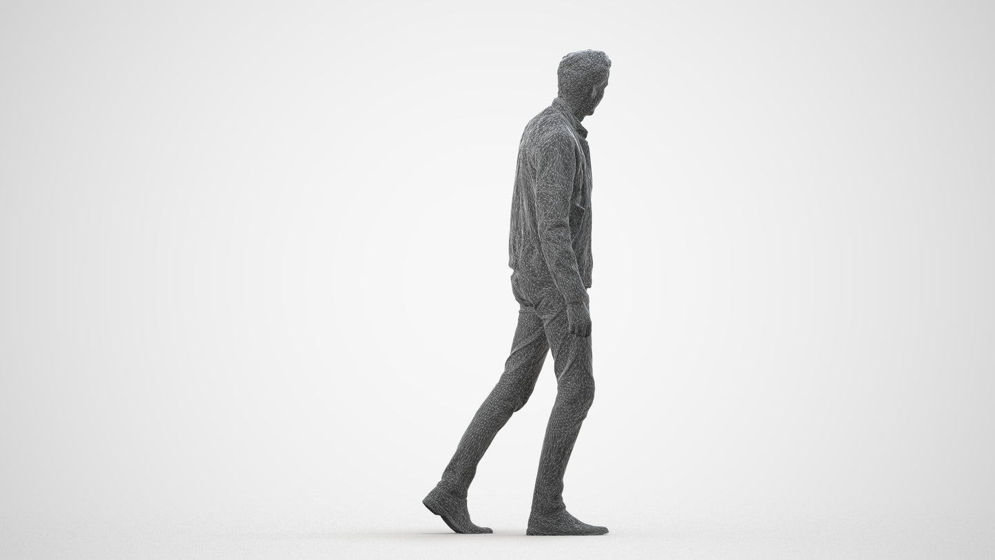 3D people model man casual walking, scanned human for 3ds Max rendering, wireframe side view