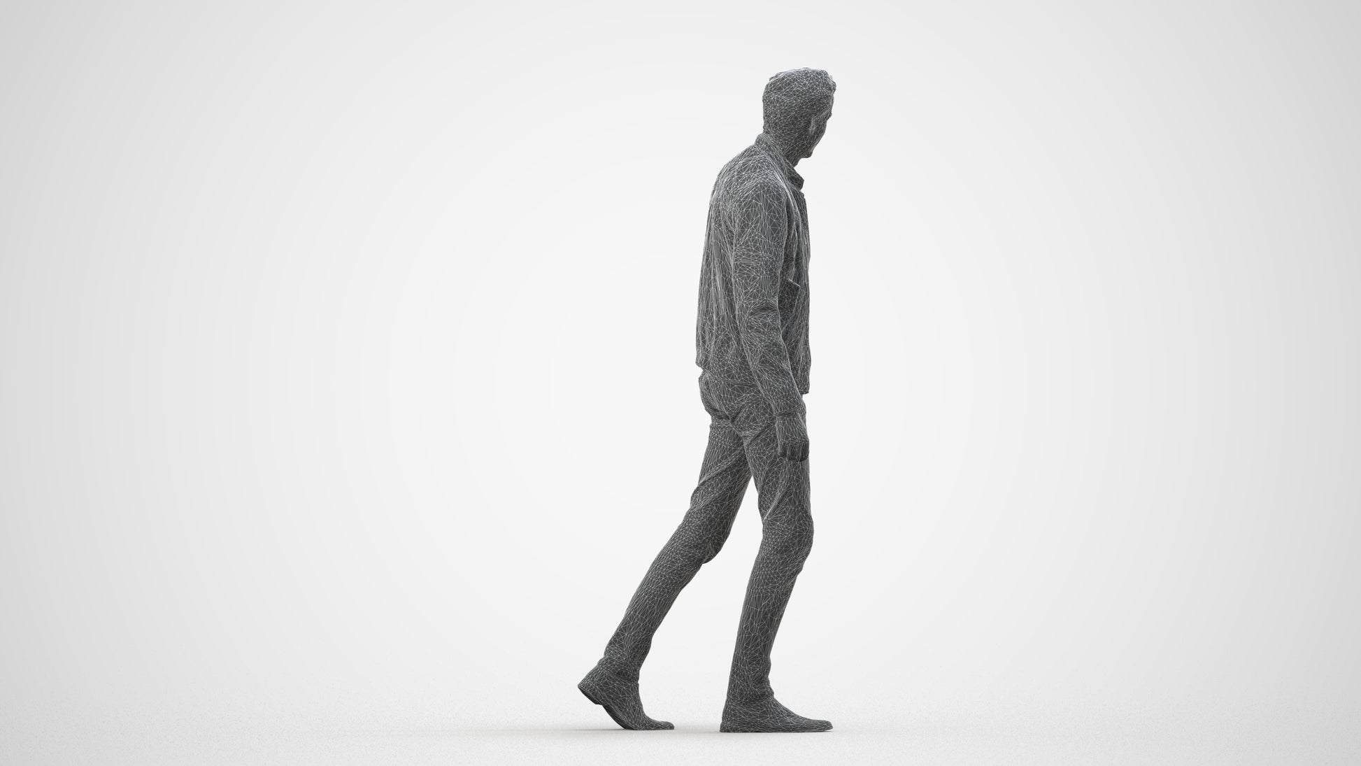 3D people model man casual walking, scanned human for 3ds Max rendering, wireframe side view