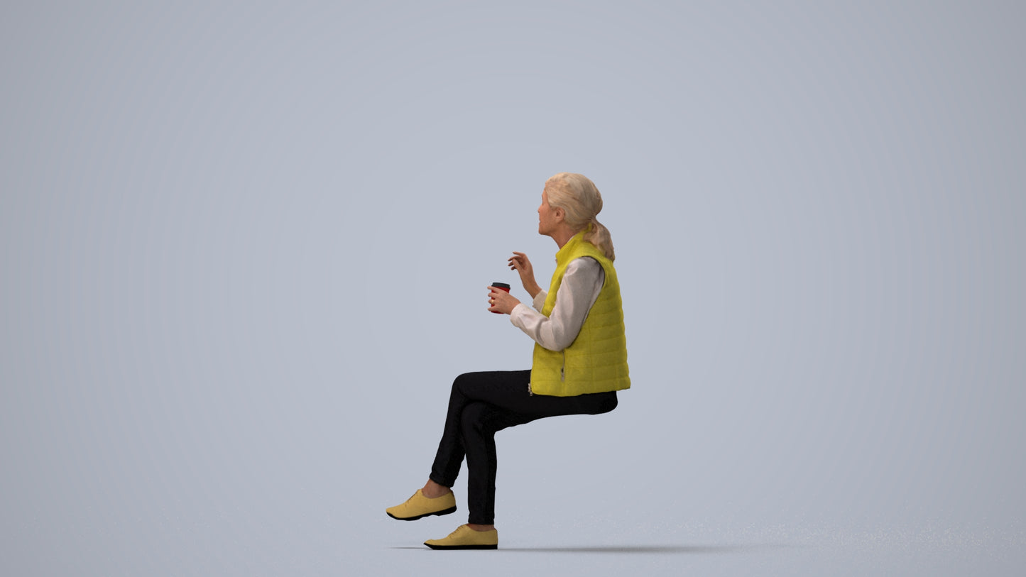 realistic 3D people senior woman casual sitting, render-ready for V-Ray and Corona, FBX OBJ, three-quarter view render