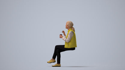realistic 3D people senior woman casual sitting, render-ready for V-Ray and Corona, FBX OBJ, three-quarter view render