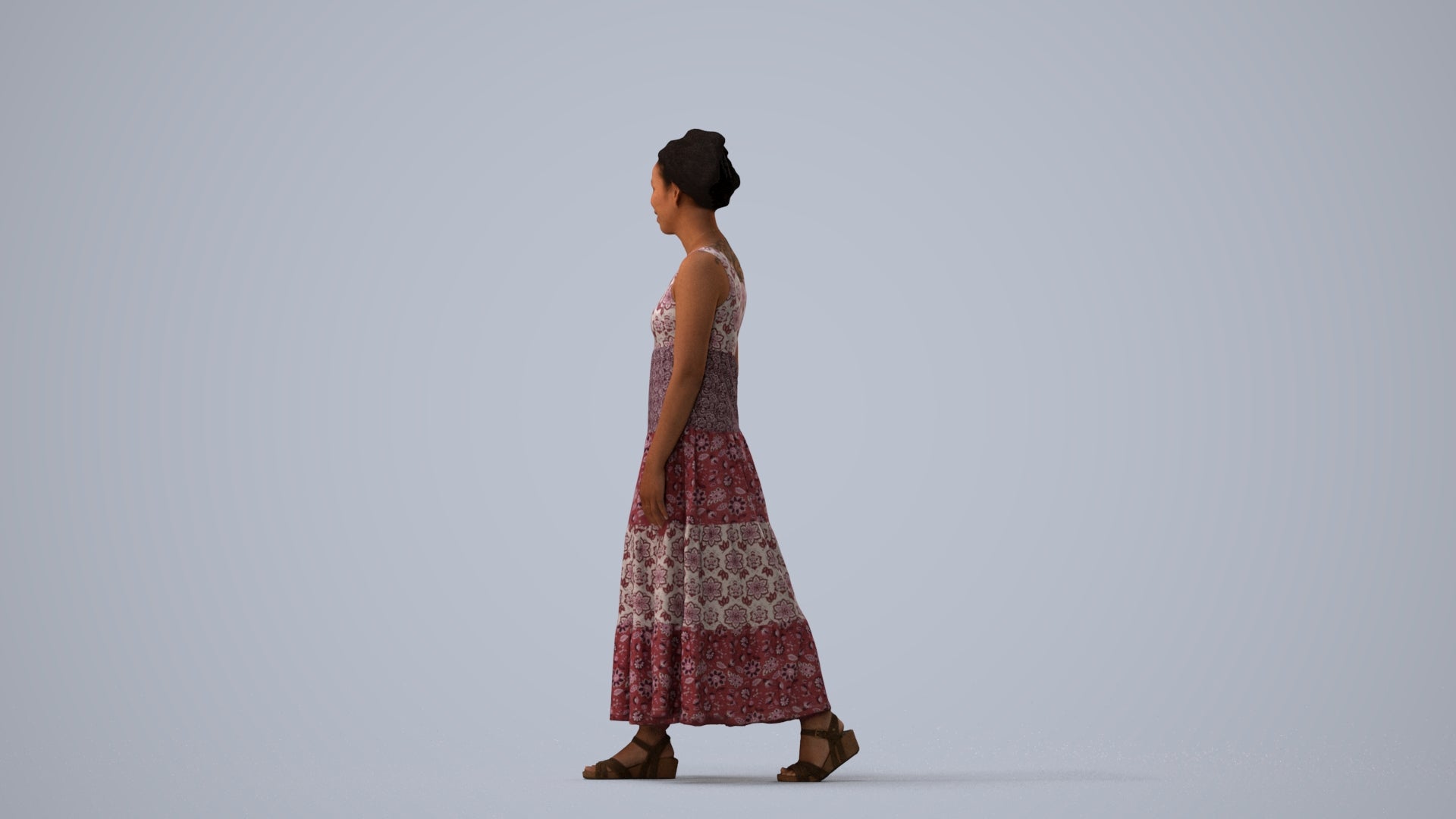 3D scanned woman walking casual, photorealistic archviz people for Enscape and SketchUp, three-quarter view render