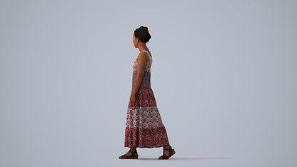 3D scanned woman walking casual, photorealistic archviz people for Enscape and SketchUp, three-quarter view render