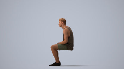 photogrammetry 3D man casual sitting, realistic human model archviz FBX, three-quarter view render