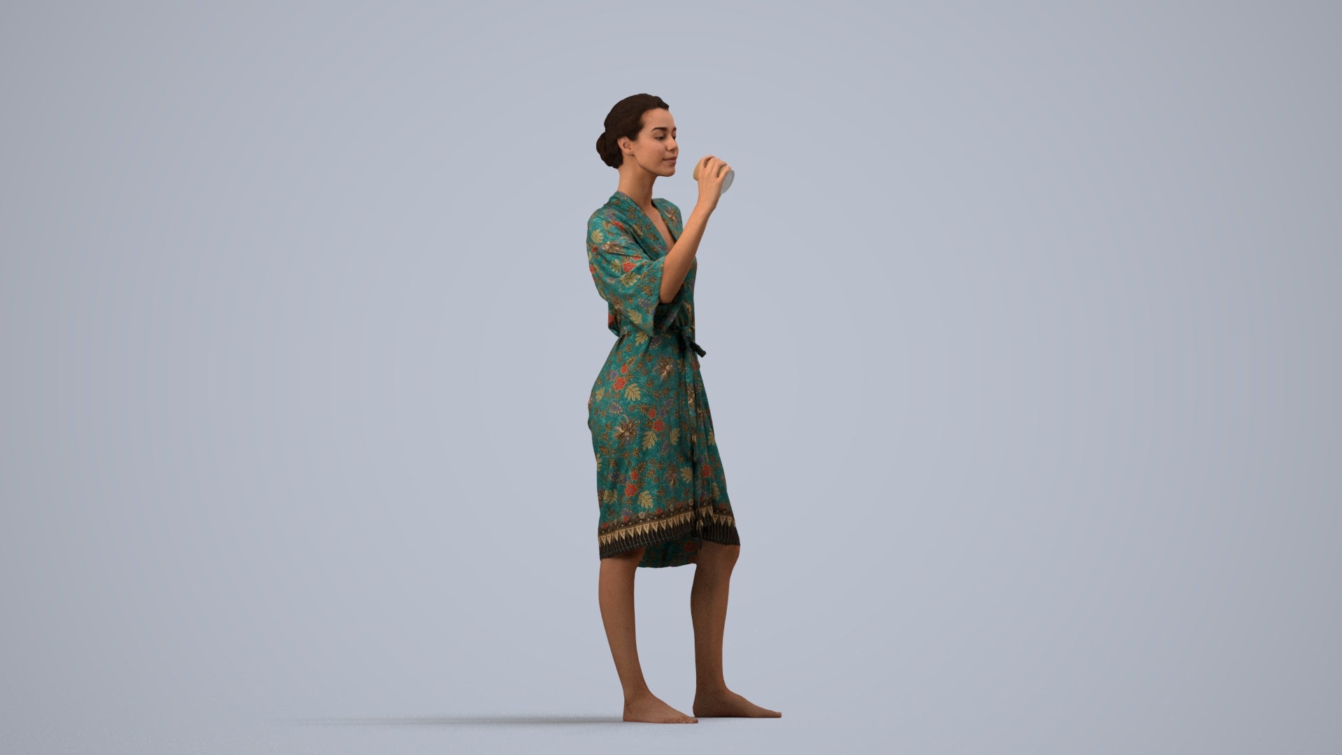 realistic 3D human woman bathroom, archviz people FBX OBJ for Blender, side view render