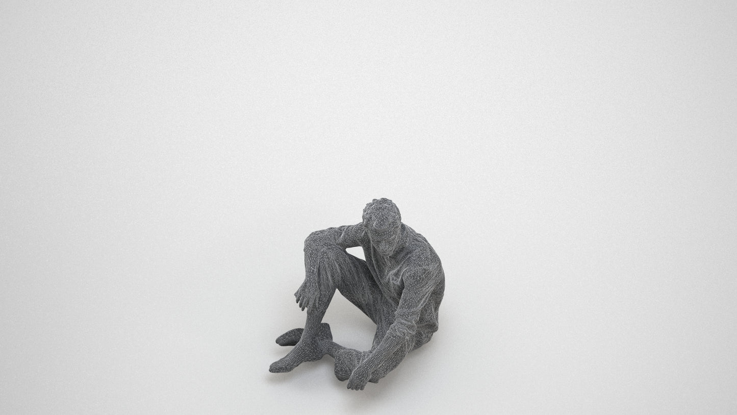 scanned 3D man casual sitting, photogrammetry people for Enscape and V-Ray, wireframe three-quarter view